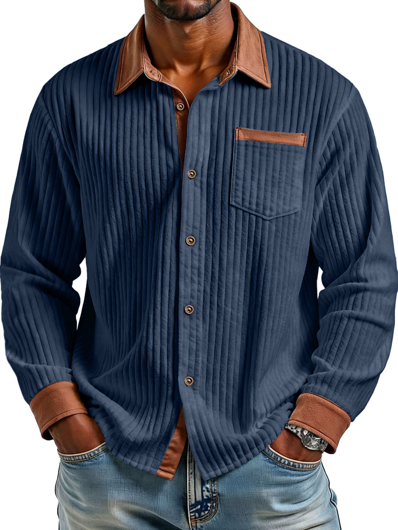 Herren Retro Corduroy Kragen Farbblock Casual Langarmhemd-deurabatt