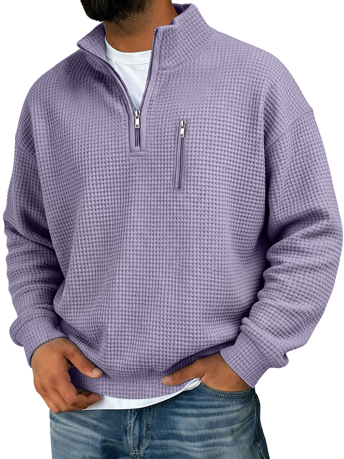 Herren Waffel Stehkragen Reißverschluss Freizeit Einfarbiger Sweatshirt-deurabatt