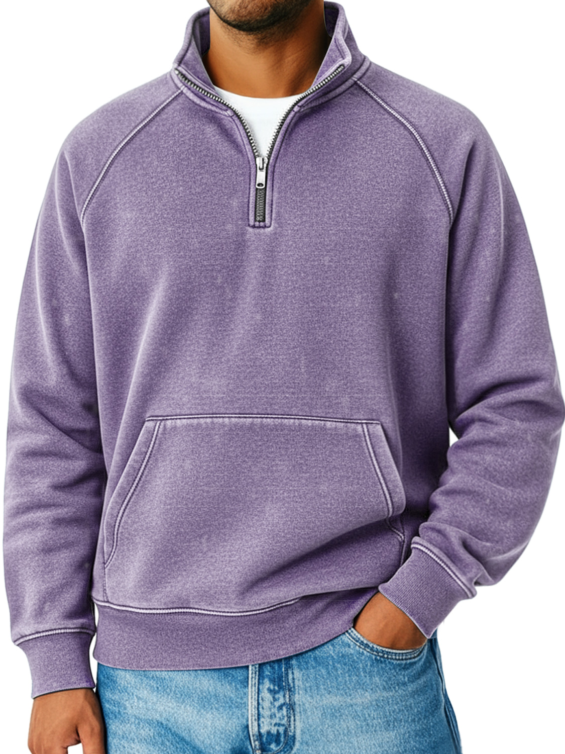 Herren Retro Raglanärmel Stehkragen Reißverschluss Lockere Freizeit Sweatshirt-deurabatt