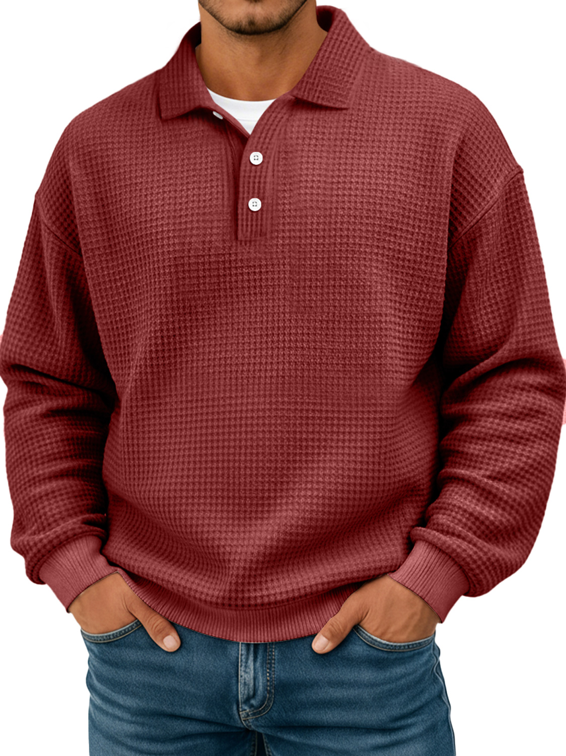 Einfaches Waffelstruktur Revers Knopf lässiges langärmliges POLO-Shirt-deurabatt