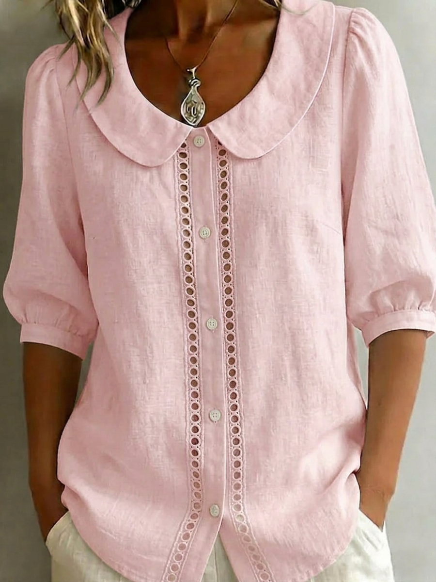 New Arrivals🔥 Women's Solid-color Peter Pan Collar 3/4-sleeve Casual Loose Cotton-linen Shirt