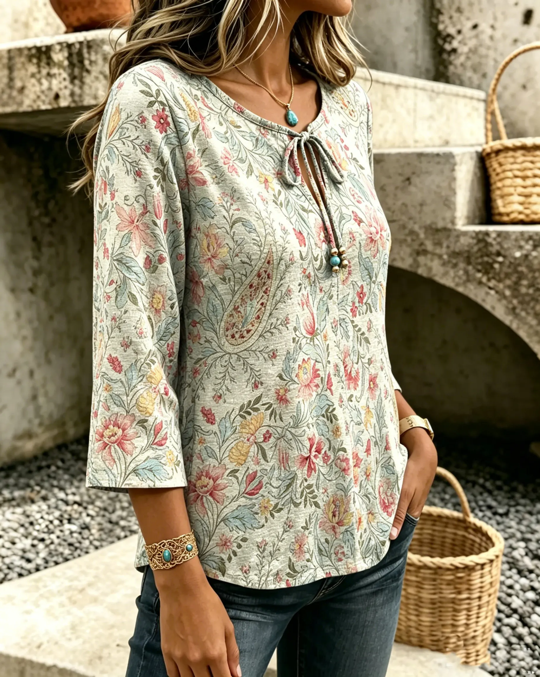 Women's Vintage Paisley Floral Print Casual Bow-knot Tie Shirt
