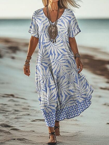 Women's Short Sleeve Spring Floral Print V Neck Casual Dress