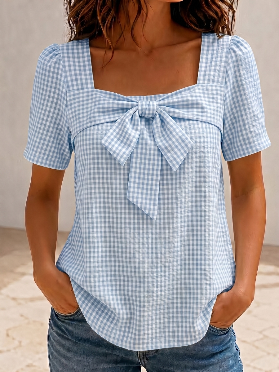 NEW ARRIVALS🔥  Women's Square Neck Gingham Bow Shirt - Puff Sleeve Casual Blouse