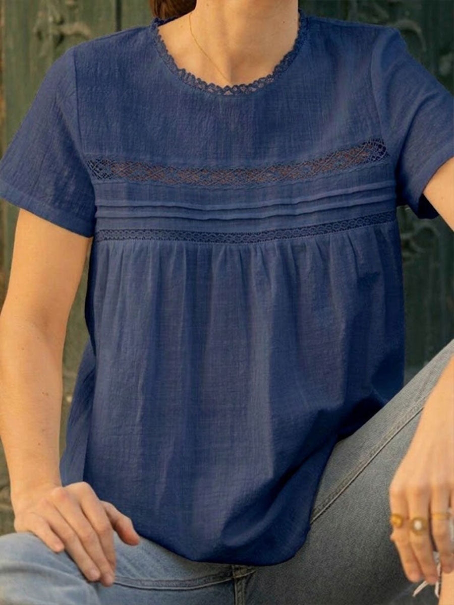 New Arrivals🔥Women's Solid-color Round-neck Short-sleeve Loose-fit Cotton-linen Top