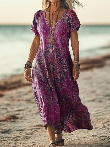 Women's Short Sleeve Spring Floral Print V Neck Casual Dress