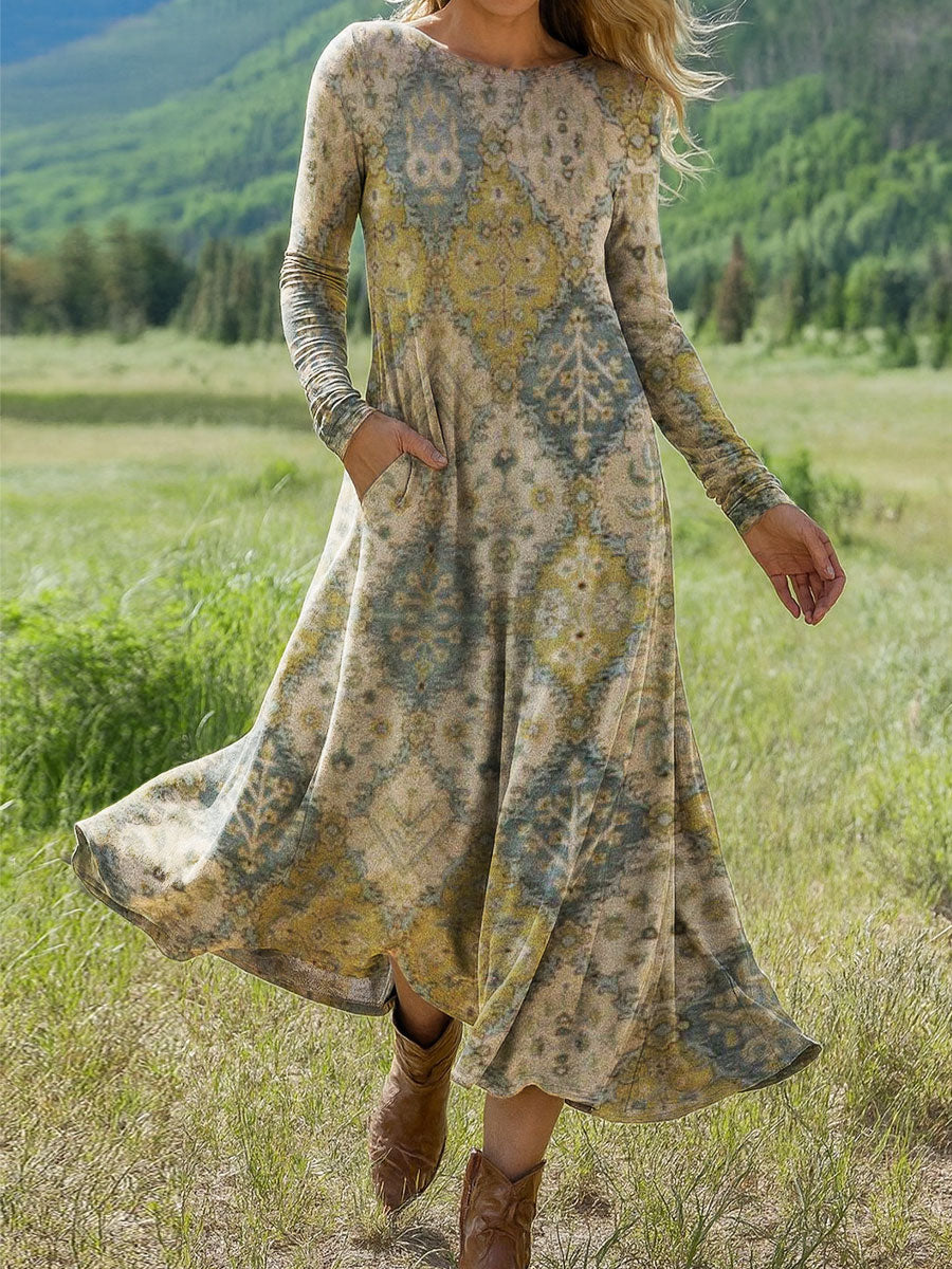 Damenkleid mit Retro-Blumenmuster und langen Ärmeln