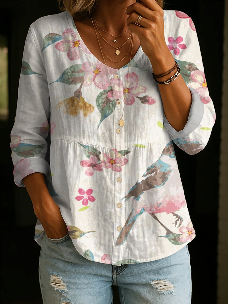 Pastoral-style Floral & Bird Print Shirt — Loose-fit, Breathable V-neck Top With 3/4 Sleeves (versatile Style)-ZierMode