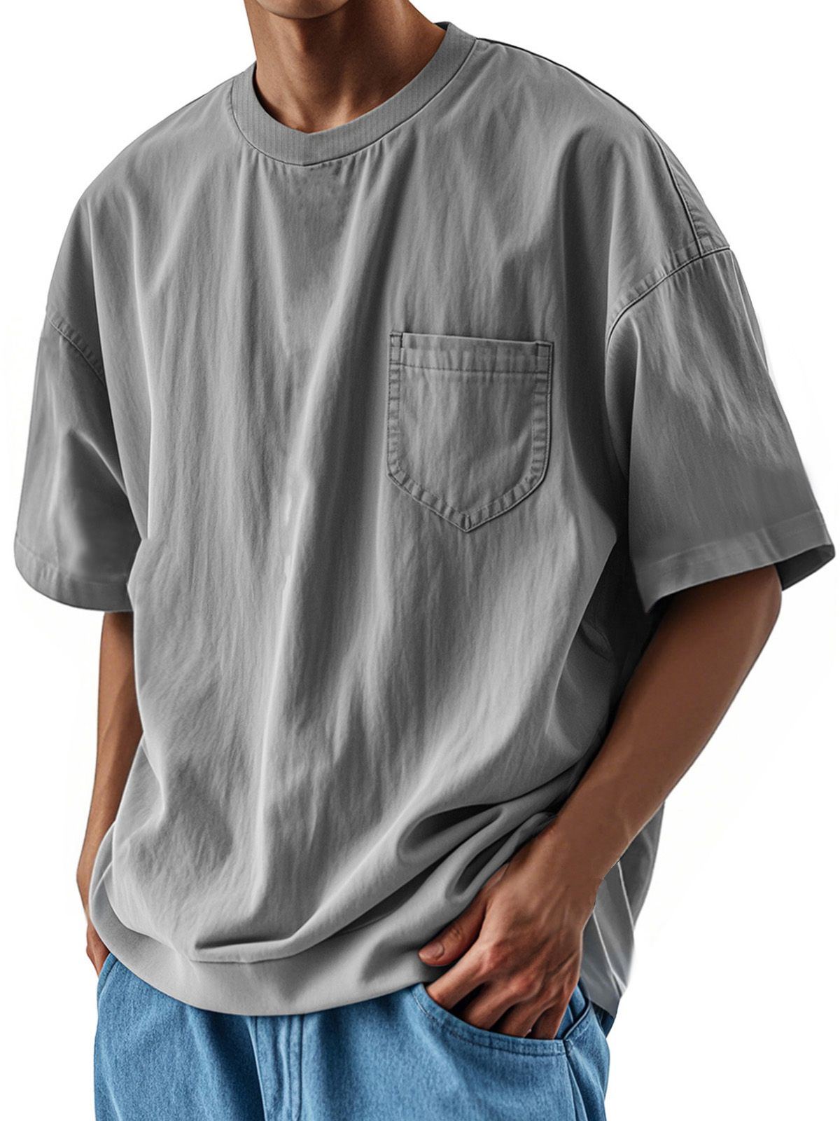Herrenmode Lässiges Retro-Shirt Rundhals Tasche Kurzarm T-deurabatt