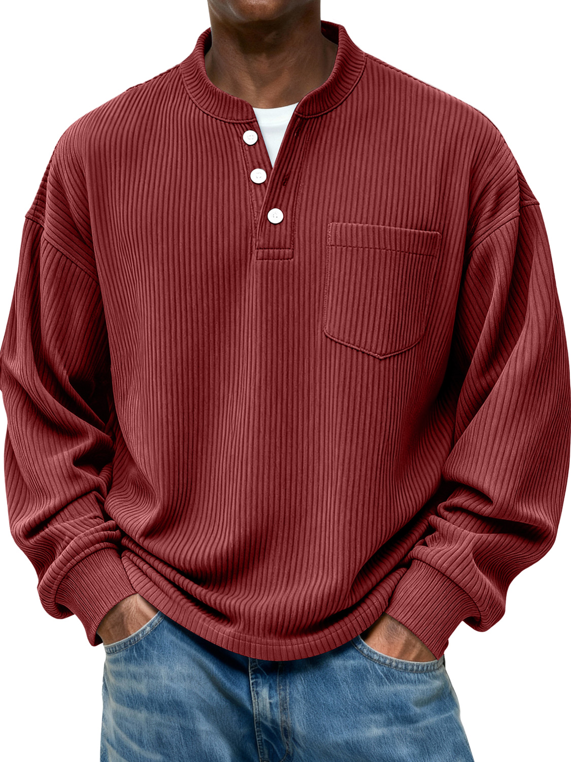 Herren Stehkragen Knopf Ripp Casual Tasche Langarm Henley Shirt-deurabatt