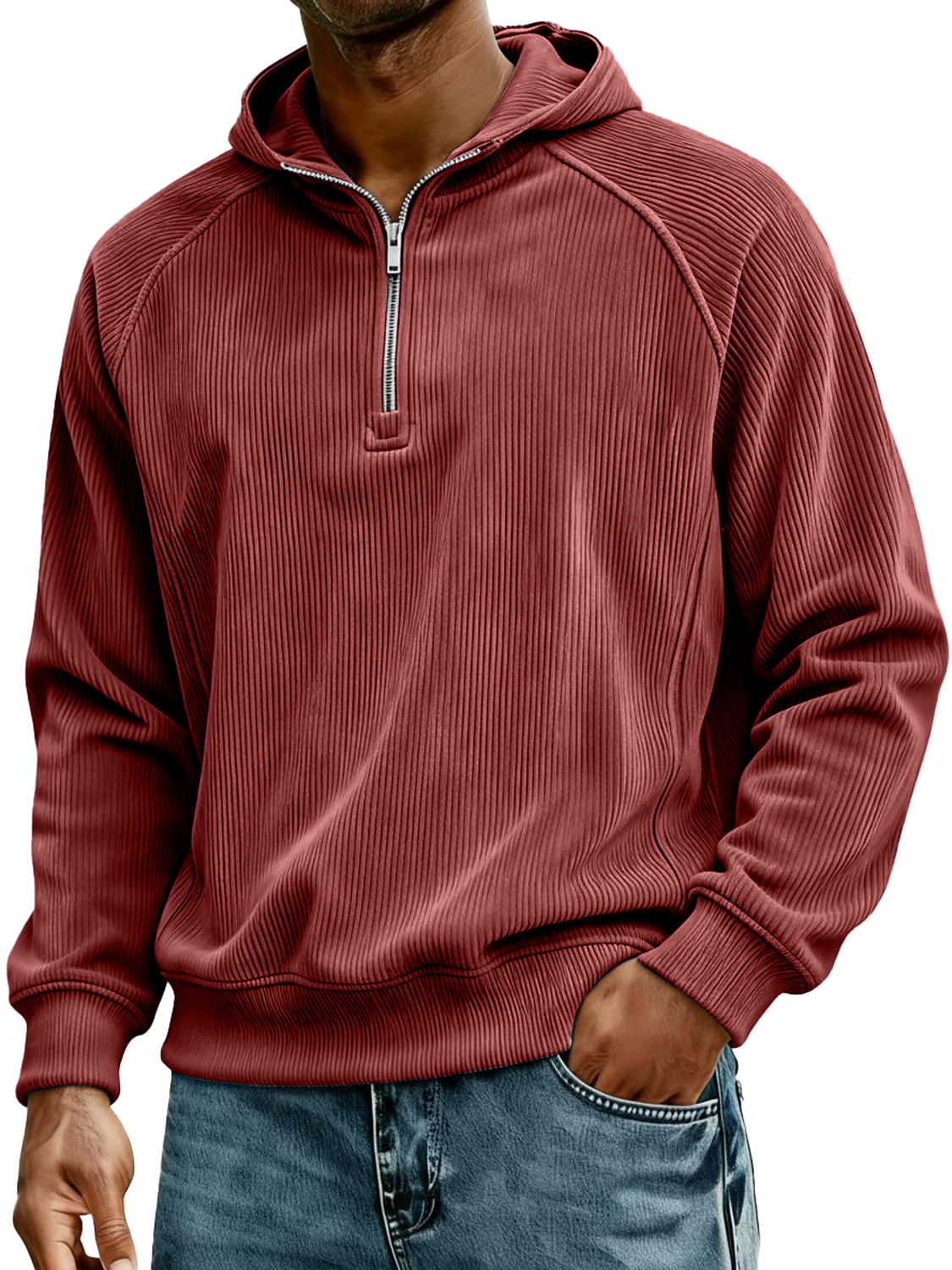 Herren Retro Corduroy Raglan Kapuzenpullover mit Reißverschluss-deurabatt