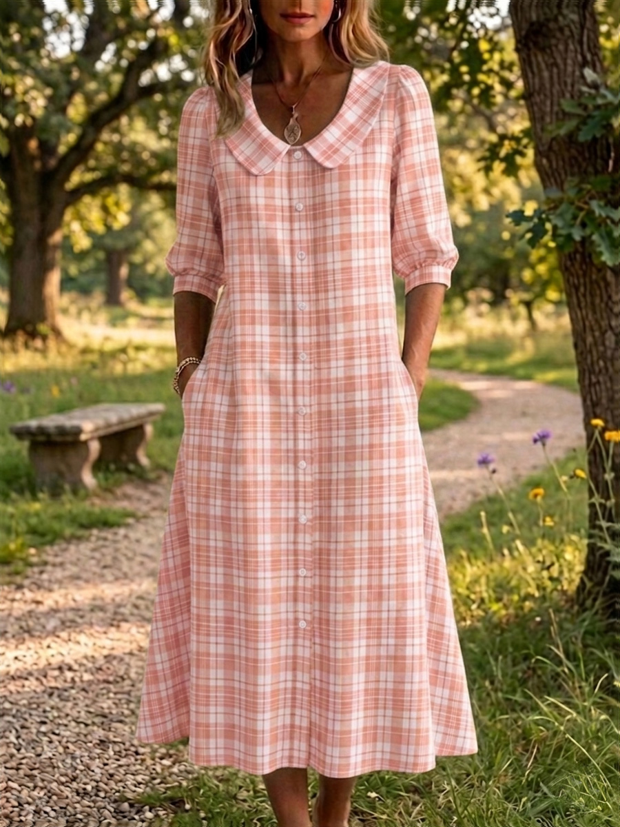 Abverkaufsaktion🔥 Damen Retro Peter Pan Kragen Streifen Druck Baumwoll-Leinen Kleid-ZierMode