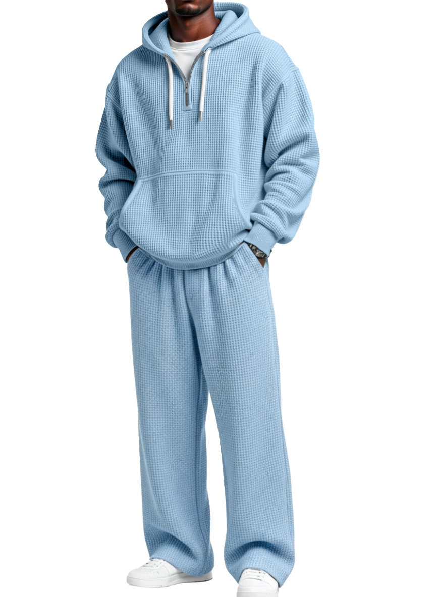 Herren Herbst- und Winter-Waffelstruktur Reißverschluss Kapuzenpullover gerade Hosen Freizeitset-ZierMode