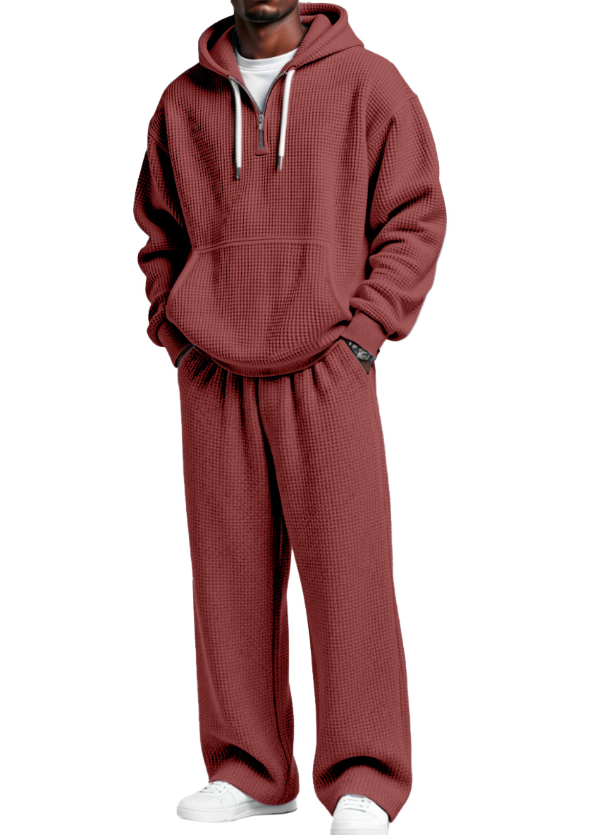 Herren Herbst- und Winter-Waffelstruktur Reißverschluss Kapuzenpullover gerade Hosen Freizeitset-ZierMode