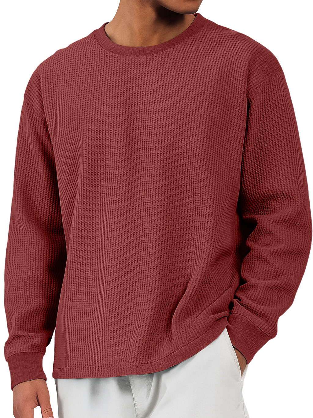 Herren Freizeit Waffel Rundhals Bequem Langarm T-Shirt-deurabatt
