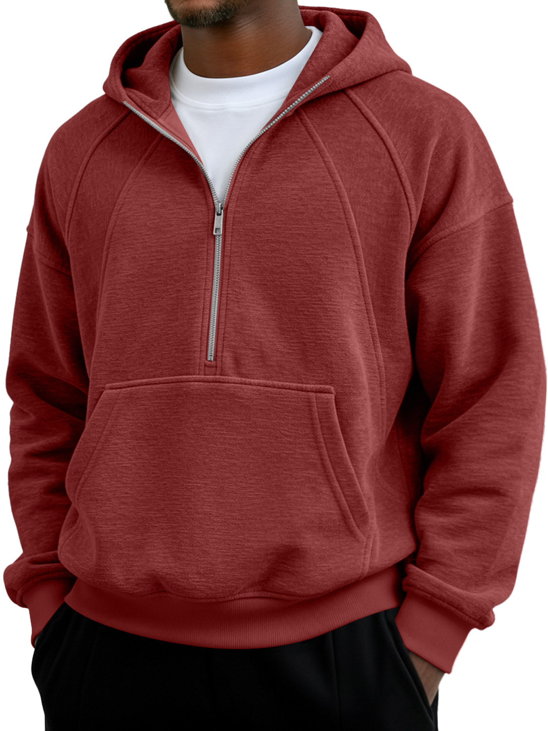Herren Einfaches Raglanärmel Patchwork Reißverschluss Kapuzen Freizeit Tasche Sweatshirt-deurabatt