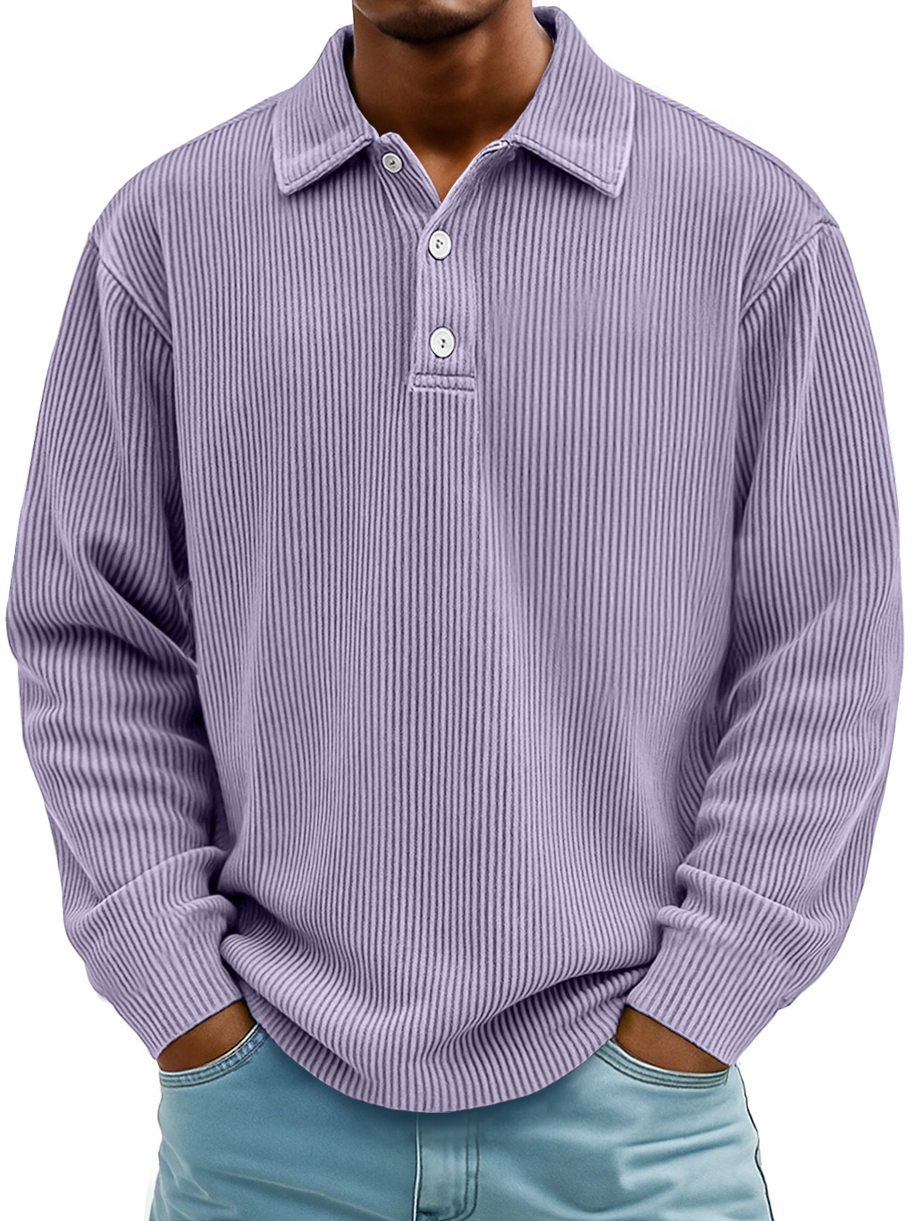 Herren Daily Casual Rippkragen Knopf-down Lockere Langarm Polohemd-deurabatt