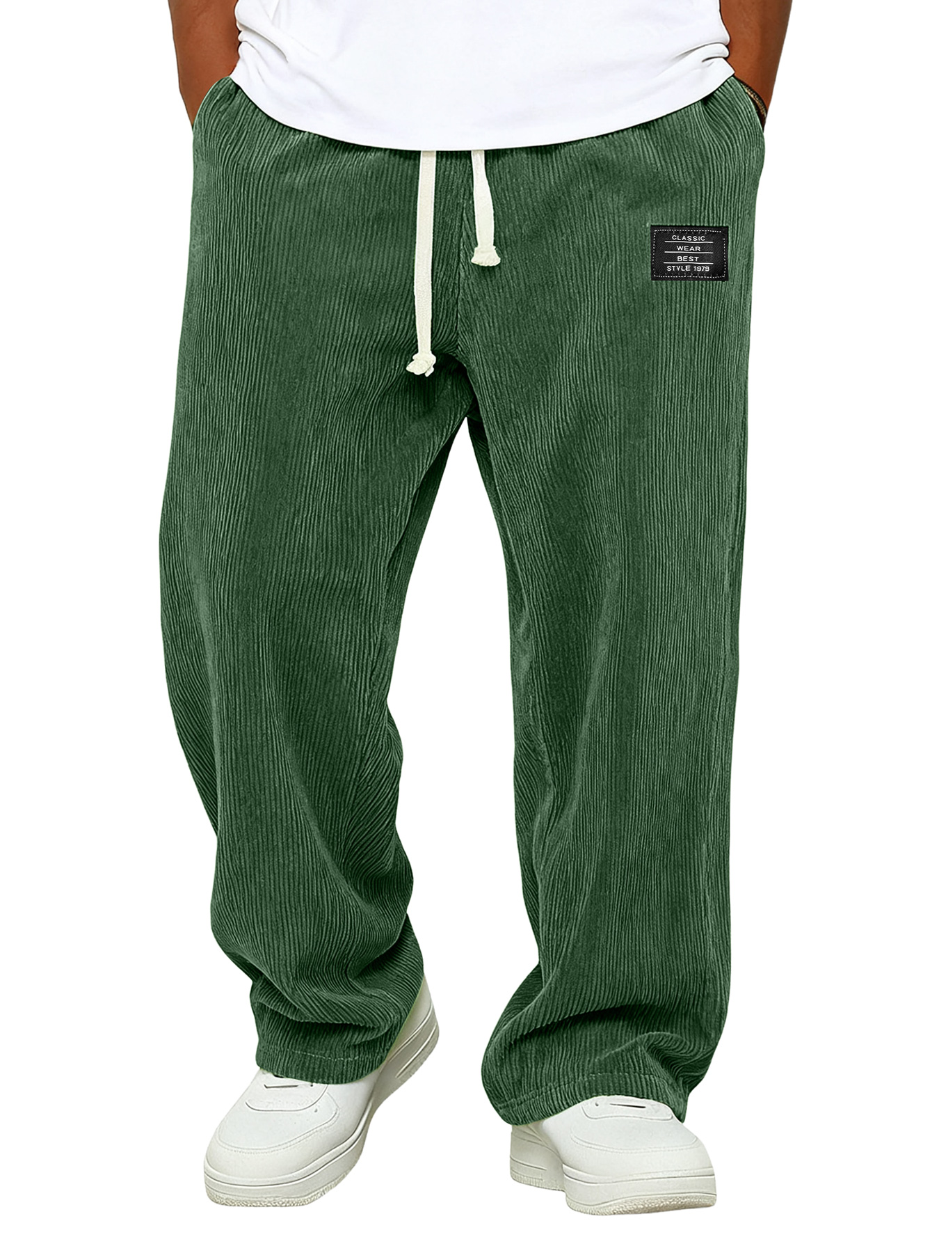 Einfache Corduroy Bestickte Logo Locker sitzende Hose mit elastischem Bund-deurabatt