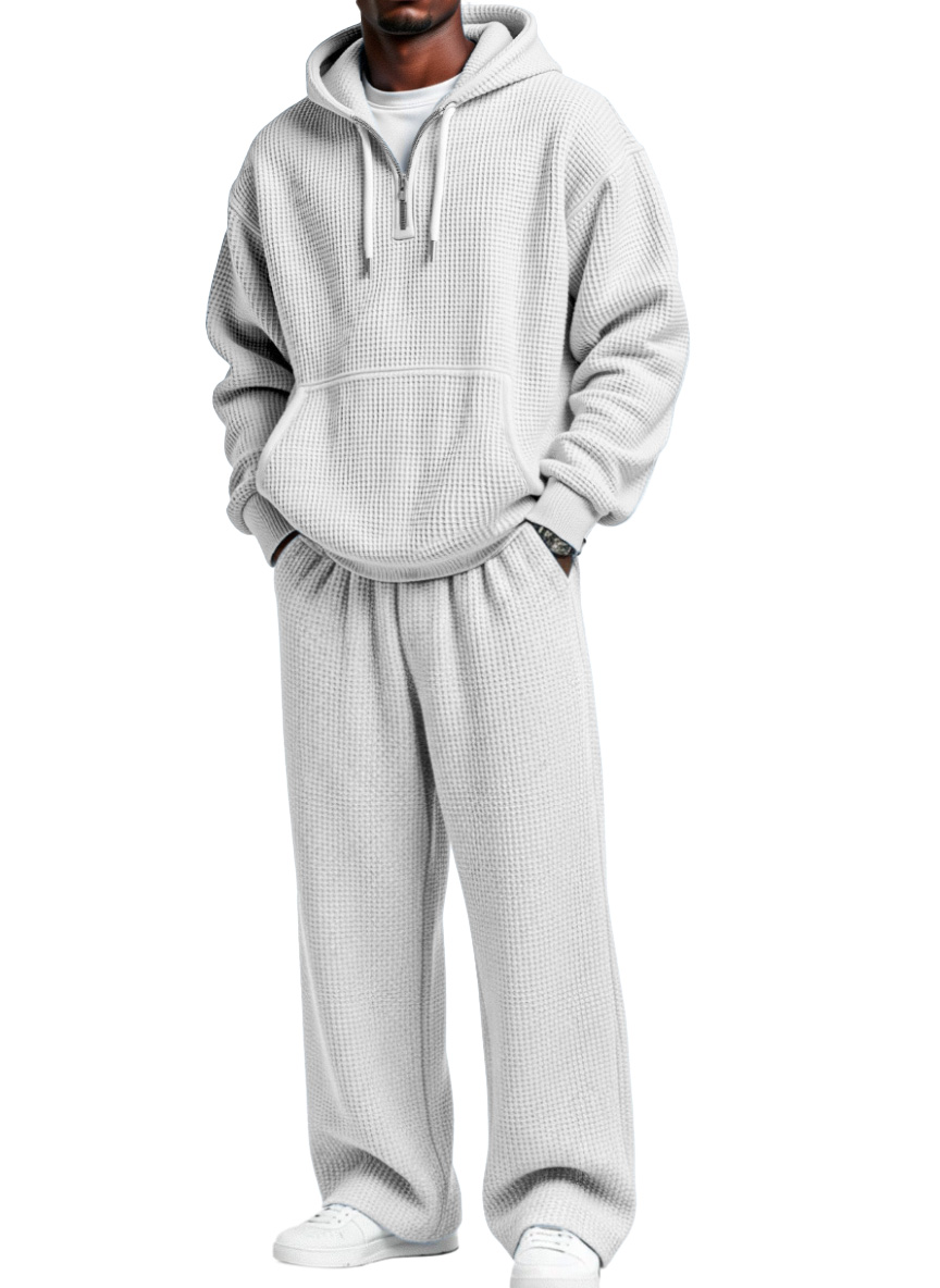 Herren Herbst- und Winter-Waffelstruktur Reißverschluss Kapuzenpullover gerade Hosen Freizeitset-ZierMode