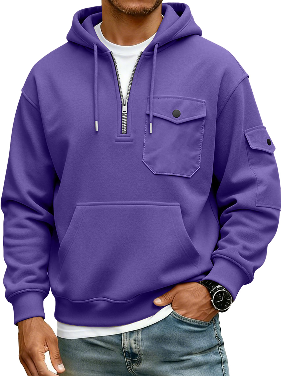 Herren Mehrfachtaschen Reißverschluss Kapuzen Freizeit Arbeits Sweatshirt-deurabatt