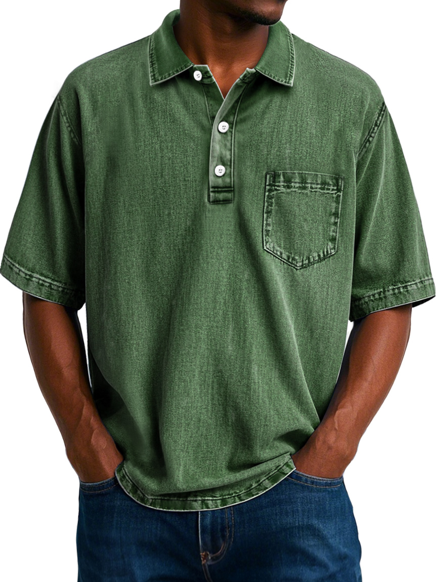Herren Vintage 100% Baumwolle gewaschenen abgenutzten Revers Tasche lässigen Kurzarm POLO Hemd-ZierMode