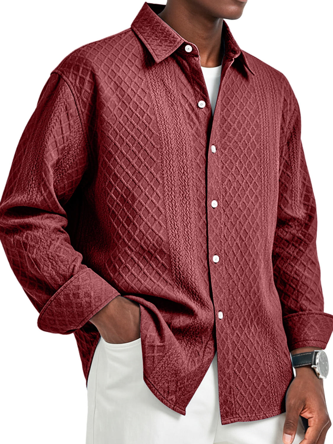 Herren Daily Jacquard Struktur Freizeit Revers Langarmhemd-deurabatt
