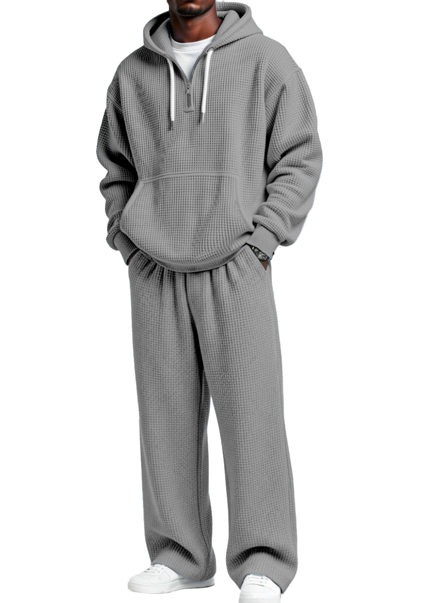 Herren Herbst- und Winter-Waffelstruktur Reißverschluss Kapuzenpullover gerade Hosen Freizeitset-ZierMode