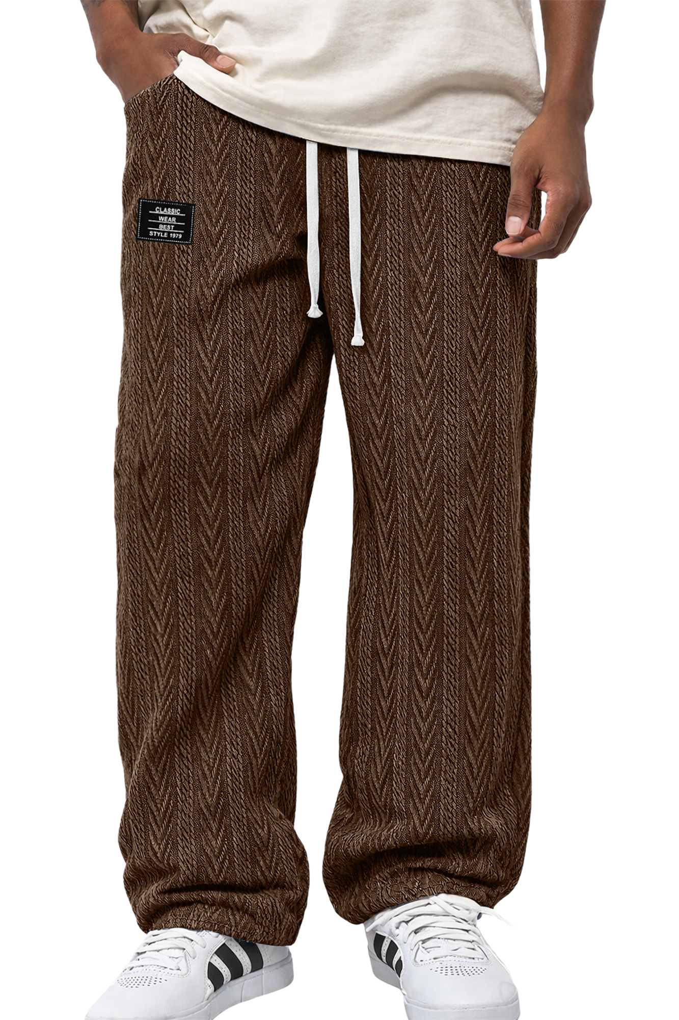 Herren Freizeit Jacquard Strukturierte Bestickte Logo Elastischer Bund Lockere Hose-deurabatt