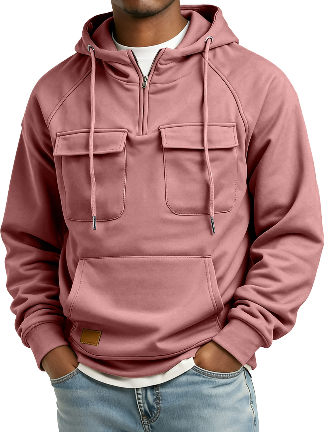 Herren Retro Reißverschluss Doppelter Taschen Besticktes Logo Freizeit Hoodie-deurabatt