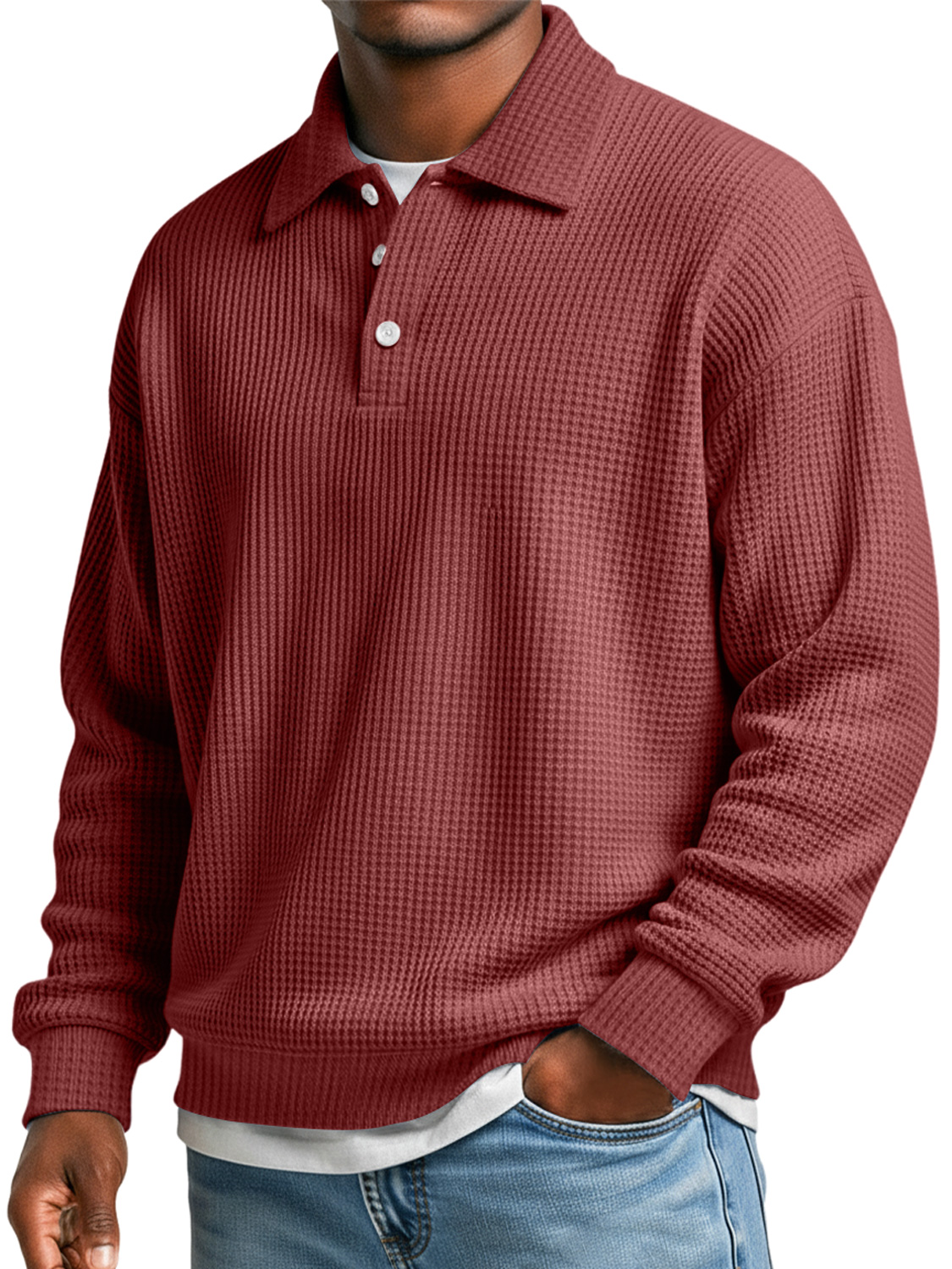 Herren Waffel Einfach Revers Knopf Lässig Locker Polo-Shirt-deurabatt