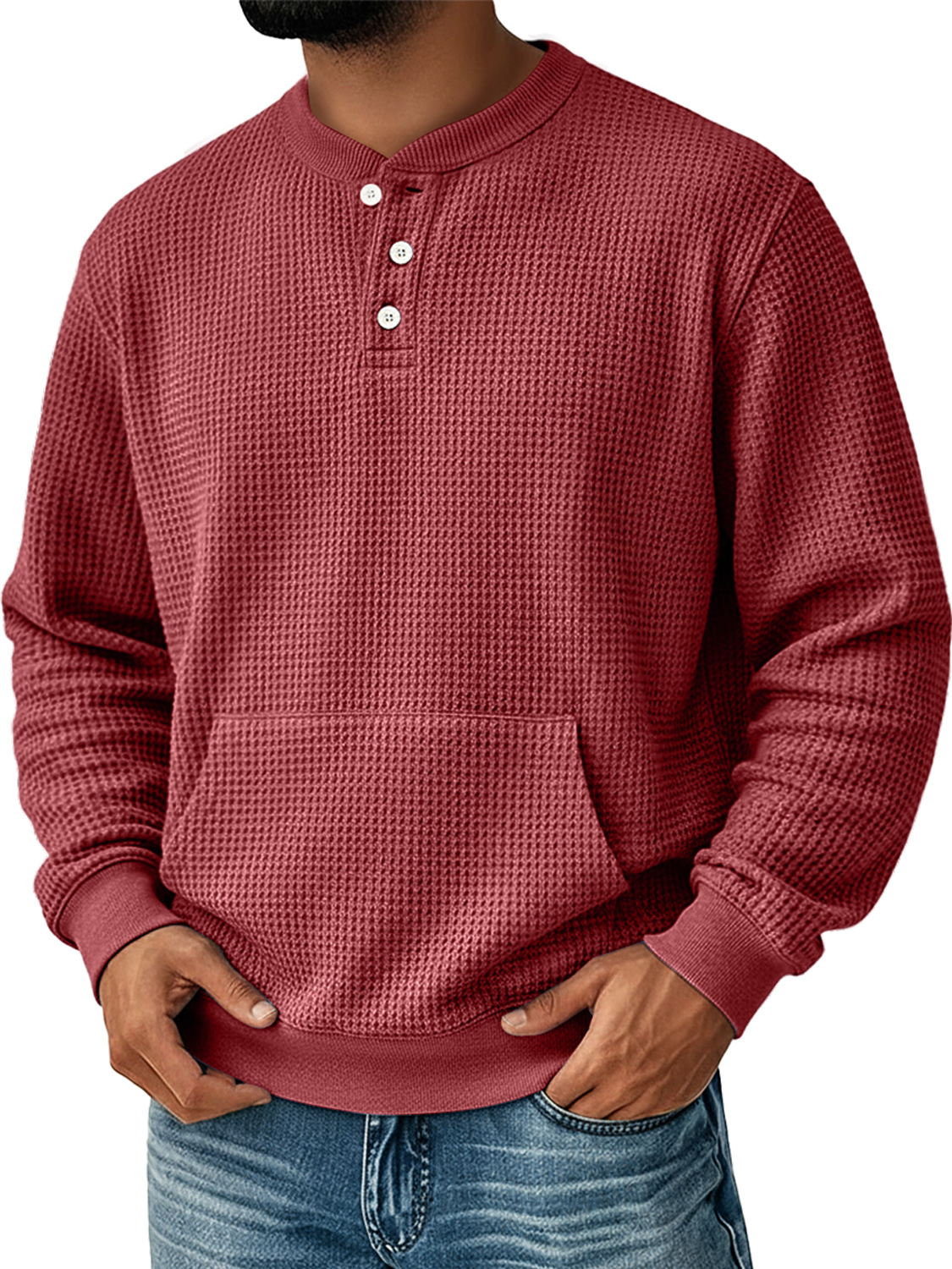 Herren Einfaches Waffel Stehkragen Knopf Freizeit Tasche Sweatshirt-deurabatt