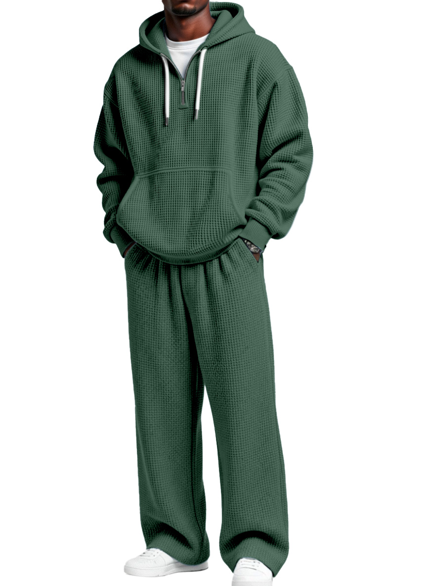 Herren Herbst- und Winter-Waffelstruktur Reißverschluss Kapuzenpullover gerade Hosen Freizeitset-ZierMode