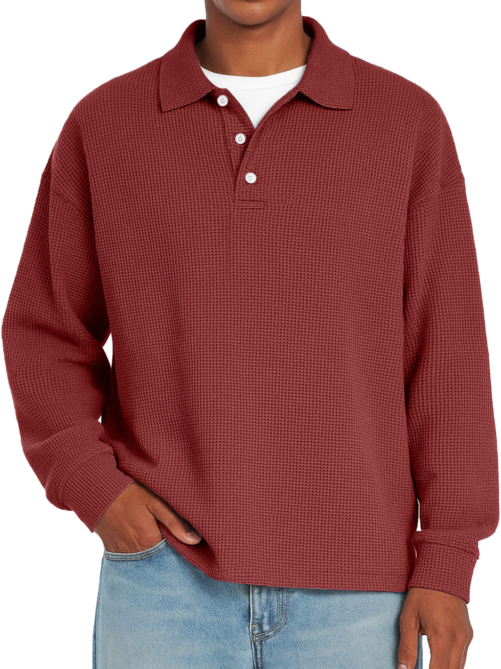 Herren Daily Waffle Freizeit Revers Knopf Locker Langarm Polohemd-deurabatt