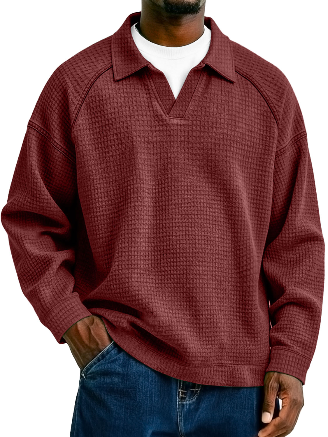 Herren Waffelstrick-Kragen Faux Zwei-Teiler Raglan Patchwork Freizeit Polo-Shirt-deurabatt