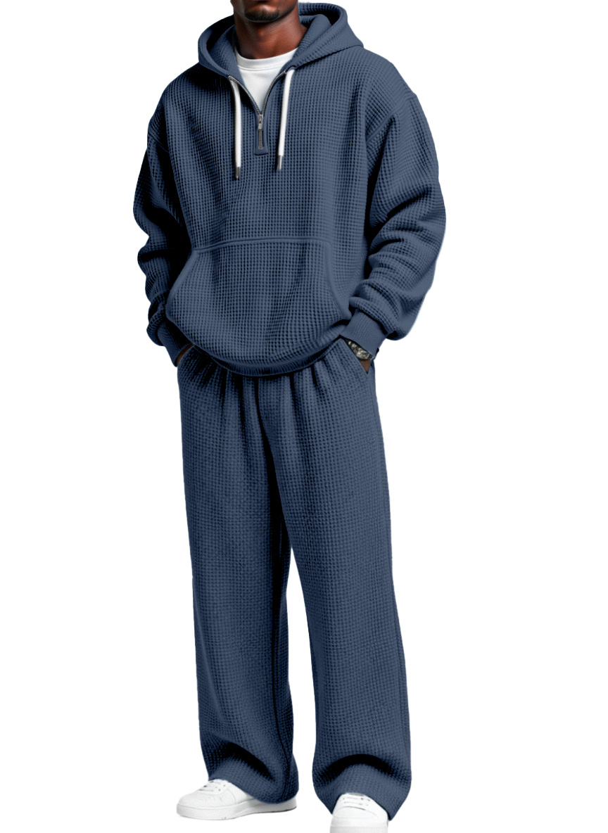 Herren Herbst- und Winter-Waffelstruktur Reißverschluss Kapuzenpullover gerade Hosen Freizeitset-ZierMode