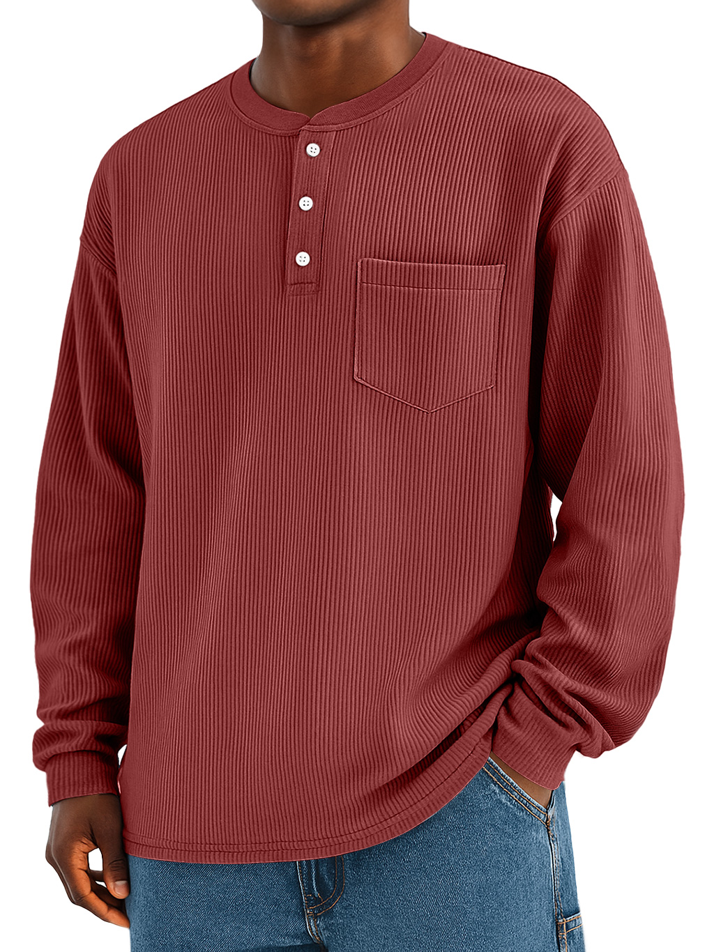 Männliches modisches Alltags-Ripp-Taschen-Casual Langarm-Henley-Shirt-deurabatt