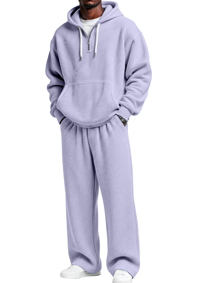 Herren Herbst- und Winter-Waffelstruktur Reißverschluss Kapuzenpullover gerade Hosen Freizeitset-ZierMode