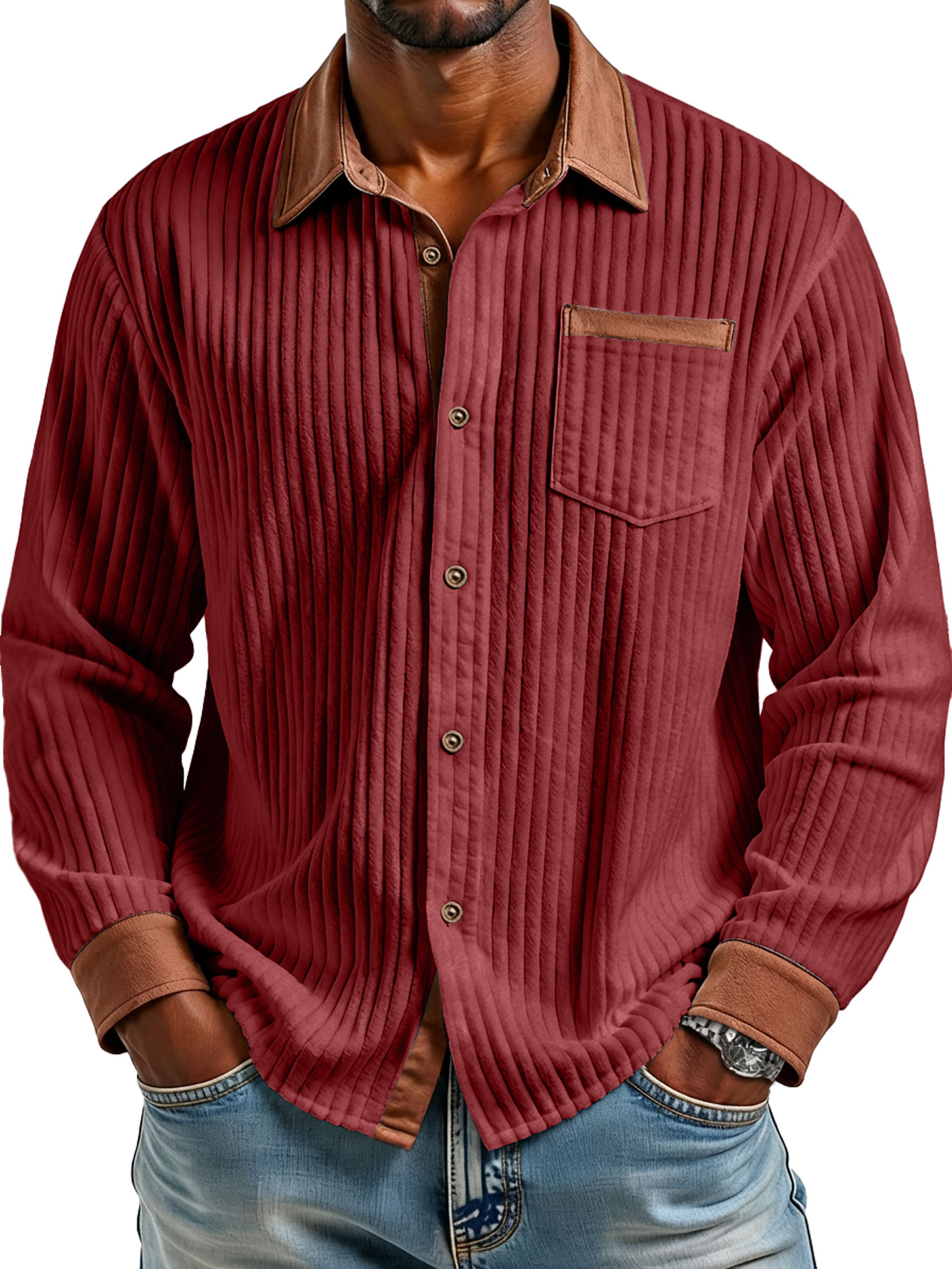 Herren Retro Corduroy Kragen Farbblock Casual Langarmhemd-deurabatt