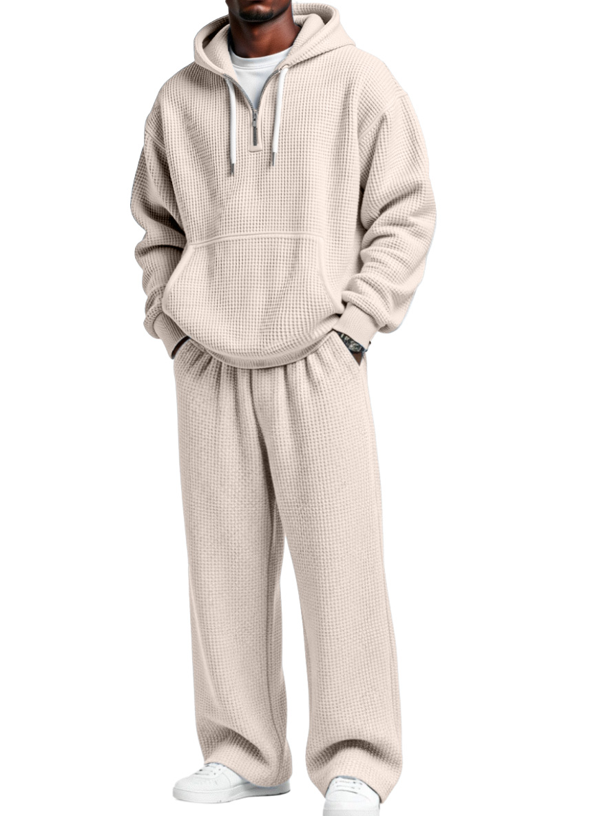 Herren Herbst- und Winter-Waffelstruktur Reißverschluss Kapuzenpullover gerade Hosen Freizeitset-ZierMode