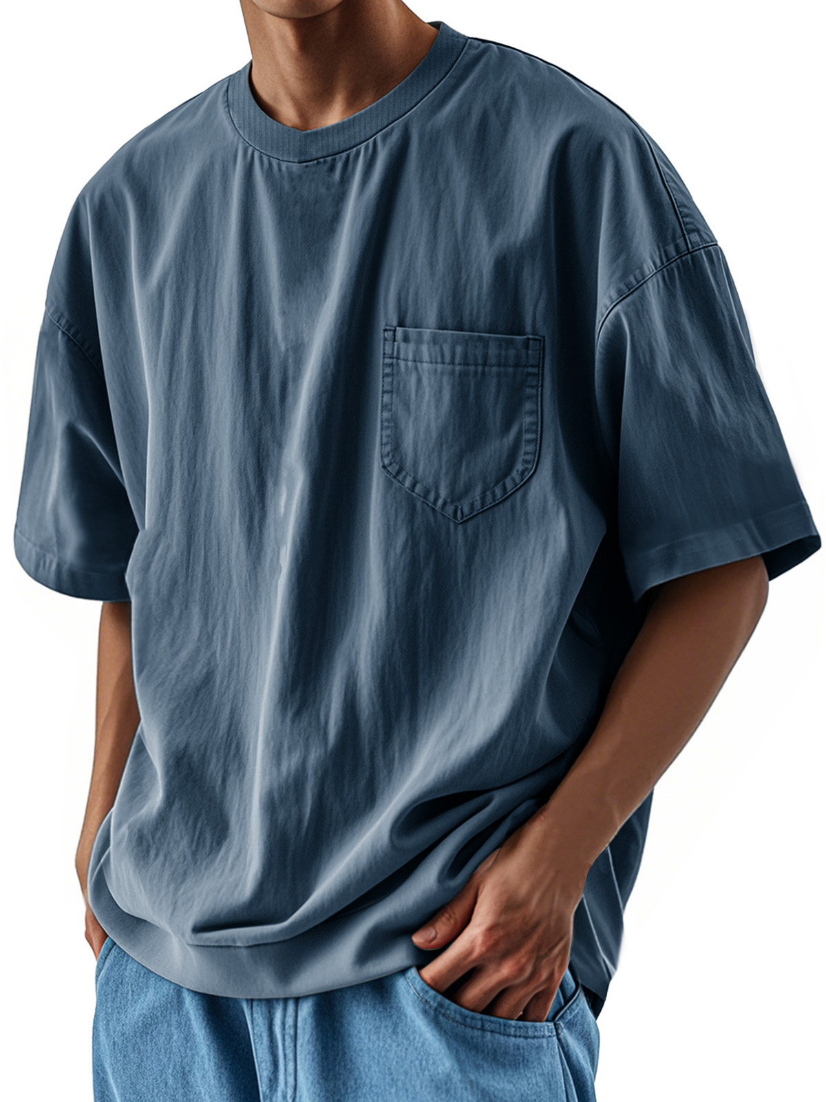 Herrenmode Lässiges Retro-Shirt Rundhals Tasche Kurzarm T-deurabatt