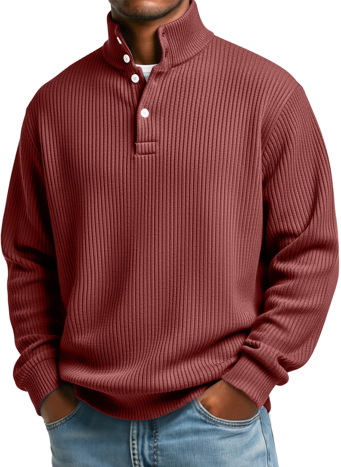 Herren Sweatshirt mit vertikalen Streifen, Stehkragen, Knopf, lässig und locker-deurabatt