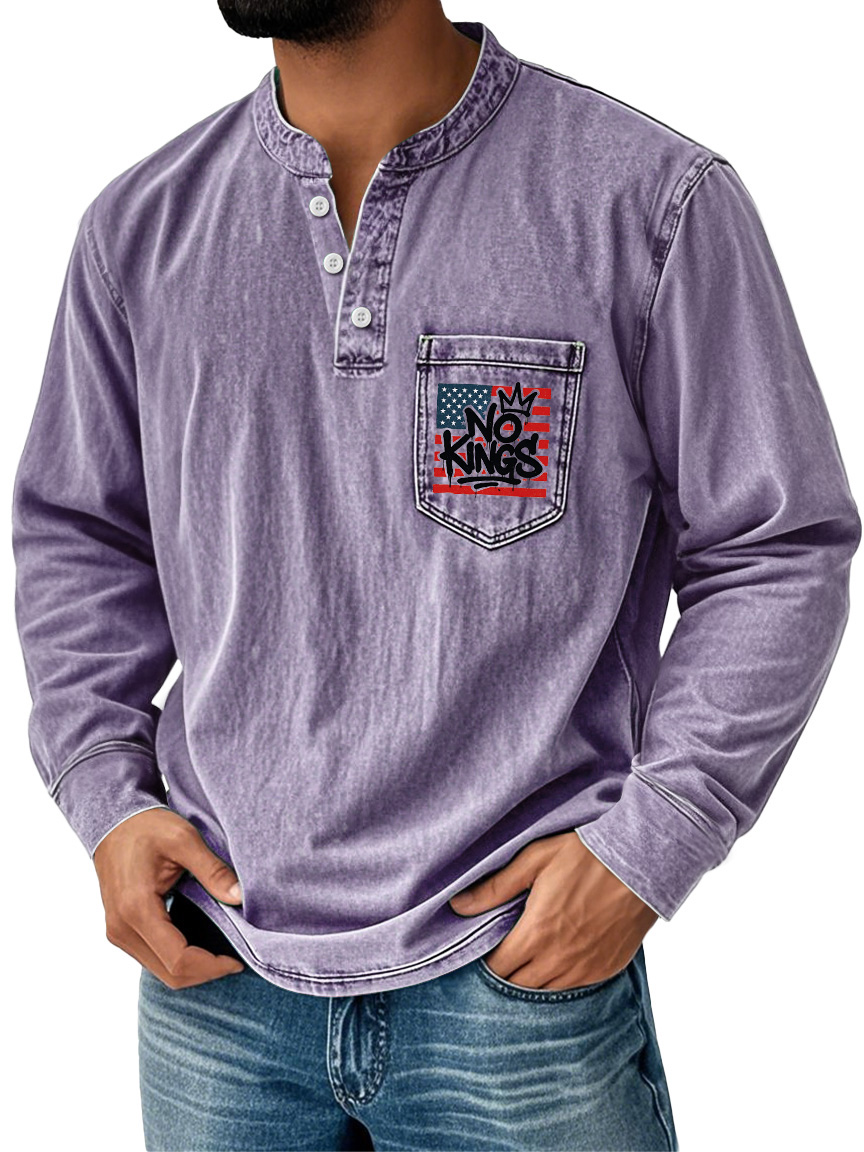 Herren Vintage No Kings Stehkragen Knopf Tasche Lässig Langarm Henley-deurabatt