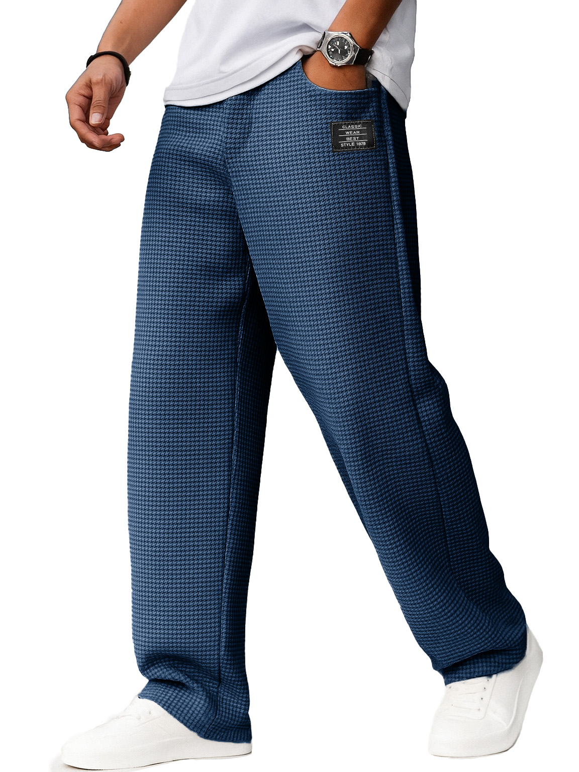 Herrenmode Alltags-Waffelstoff Besticktes Logo Kordelzug Lockere Elastische Taille Taschenhose-ZierMode