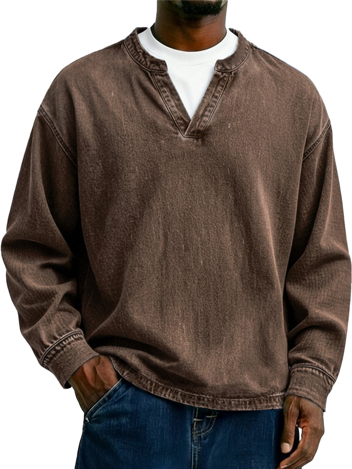 Herren Vintage-Stil Freizeit Langarm-T-Shirt mit einem Faux-Zweiteiler Doppelkragen-Design-deurabatt