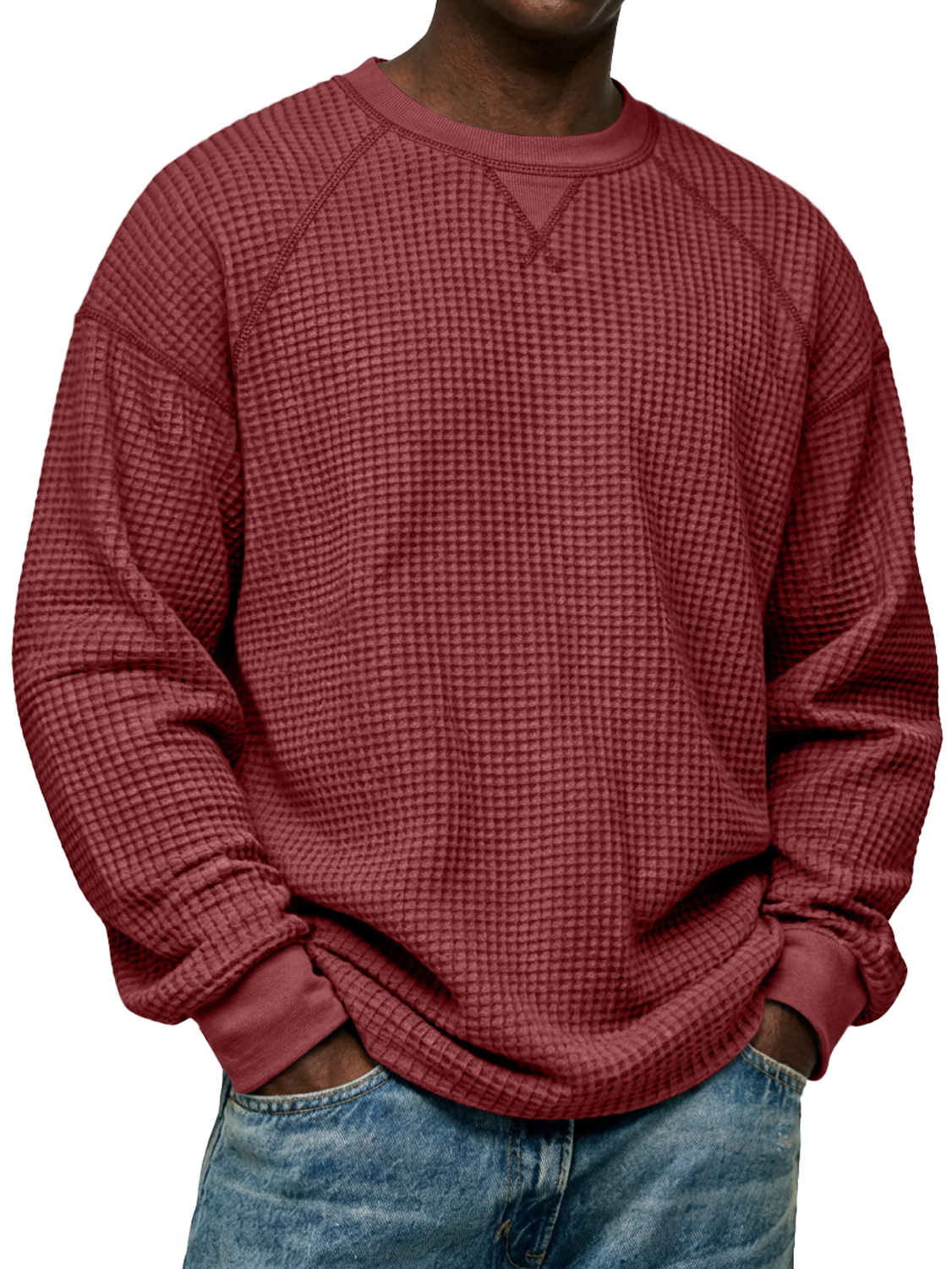 Herren Einfaches Waffelstrick Rundhals Raglanärmel Langarm-T-Shirt-deurabatt