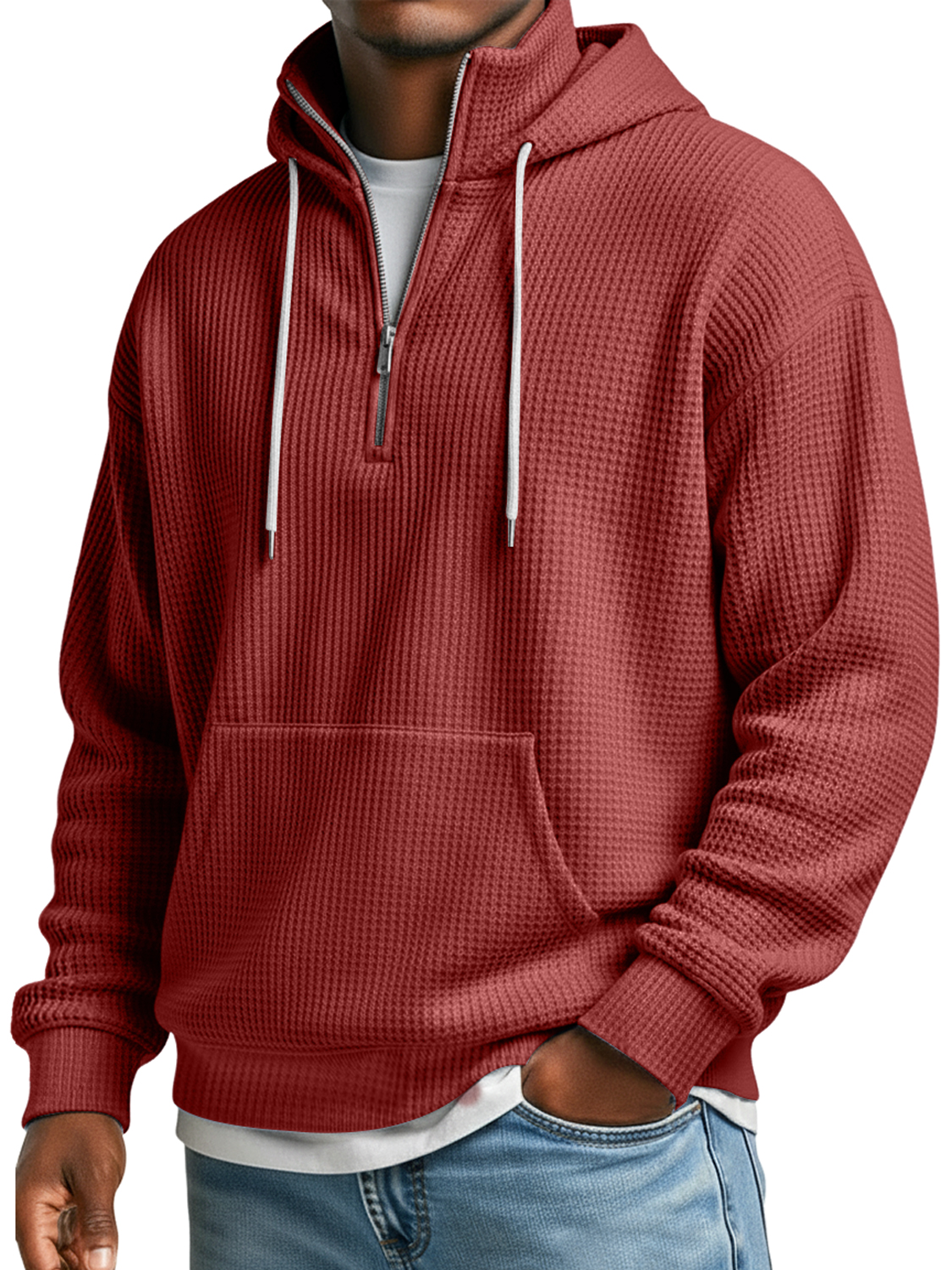 Herren Waffelkragen Reißverschluss Lässiger Lockere Kapuzenpullover-deurabatt