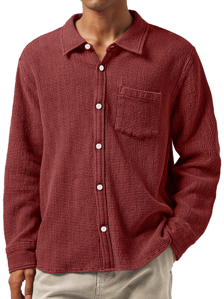 Herren Daily Waffle Texture Revers Tasche Lässige Langarmshirt-deurabatt