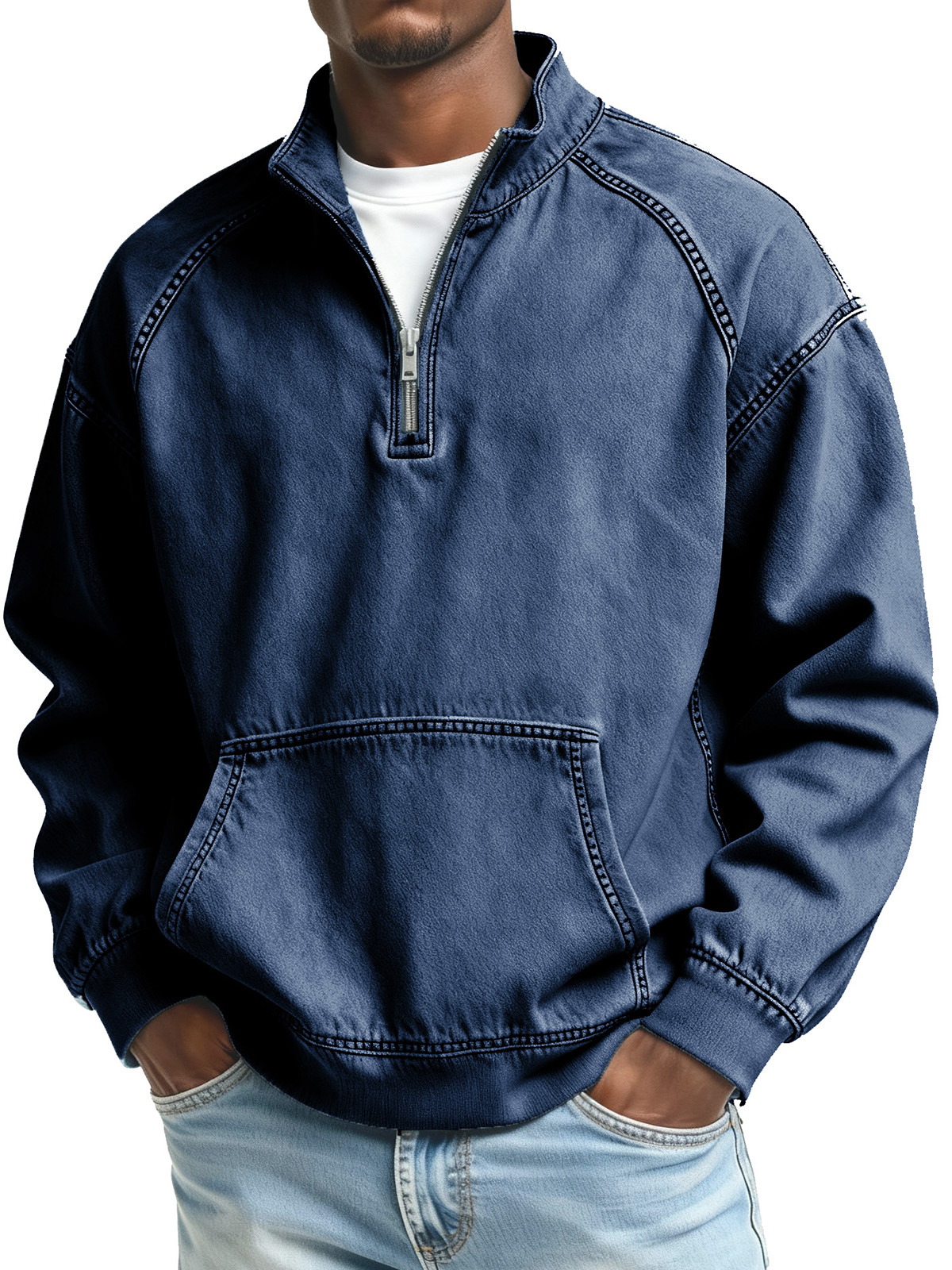 Herren Mode Retro Stehkragen Raglan Tasche Langarm Oberteil-deurabatt
