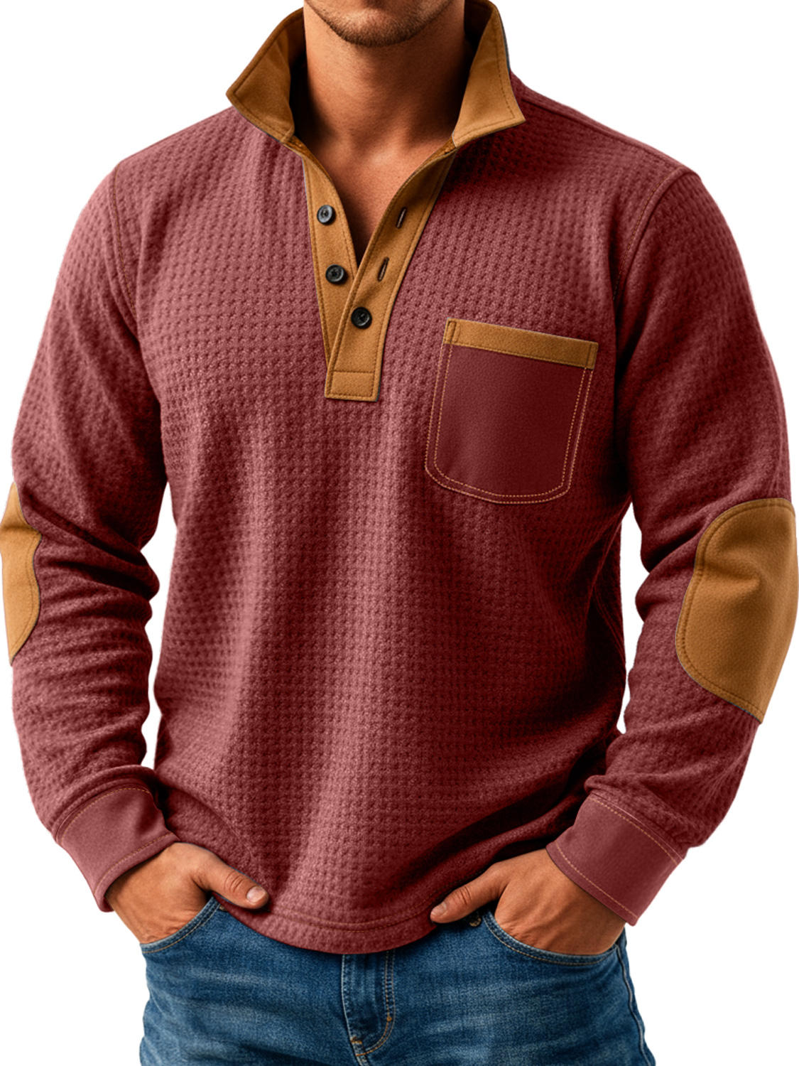 Herren Retro Textur Splicing Stehkragen Knopf Freizeit Langarm POLO Hemd-deurabatt
