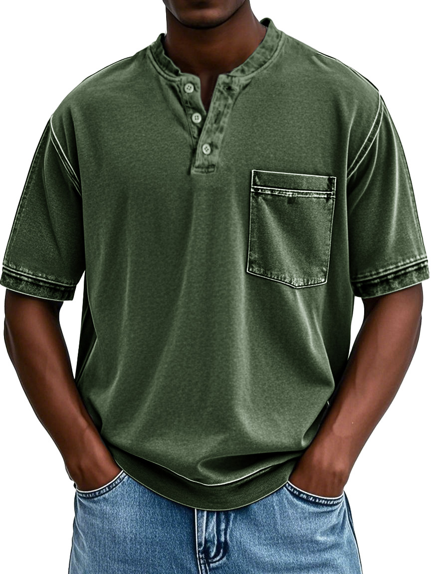 Herrenmode Retro Rundhals Tasche Kurzarm Henley Shirt-deurabatt